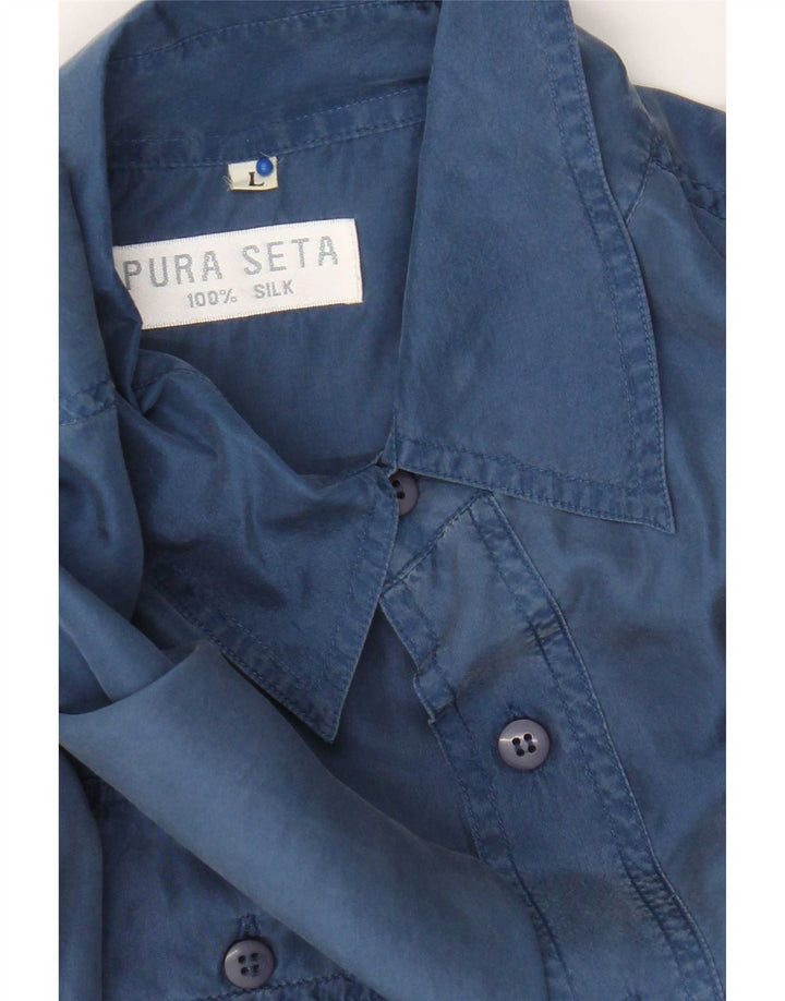 Camicia vintage da uomo grande in seta blu