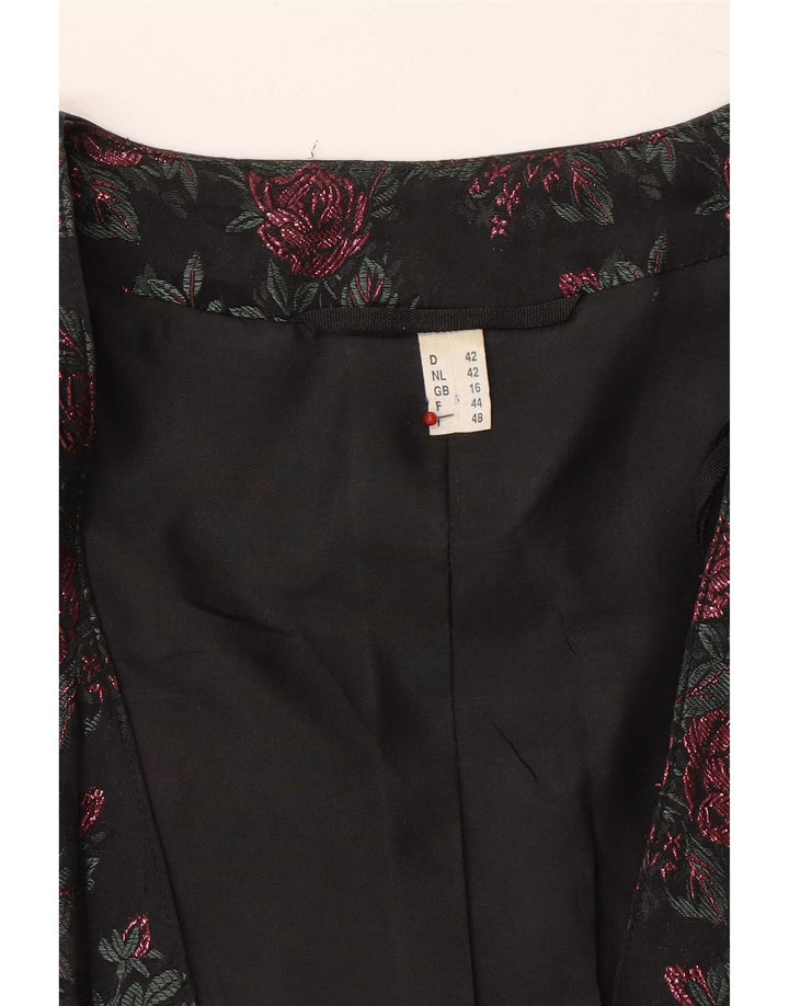 Giacca blazer vintage da donna a 3 bottoni UK 16 grande acetato floreale nero