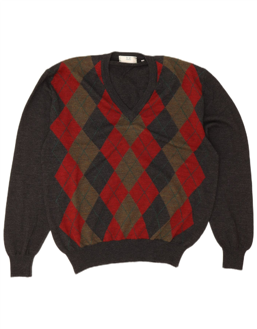 Maglione vintage da uomo con scollo a V IT 50 Grigio medio Argyle/Diamante