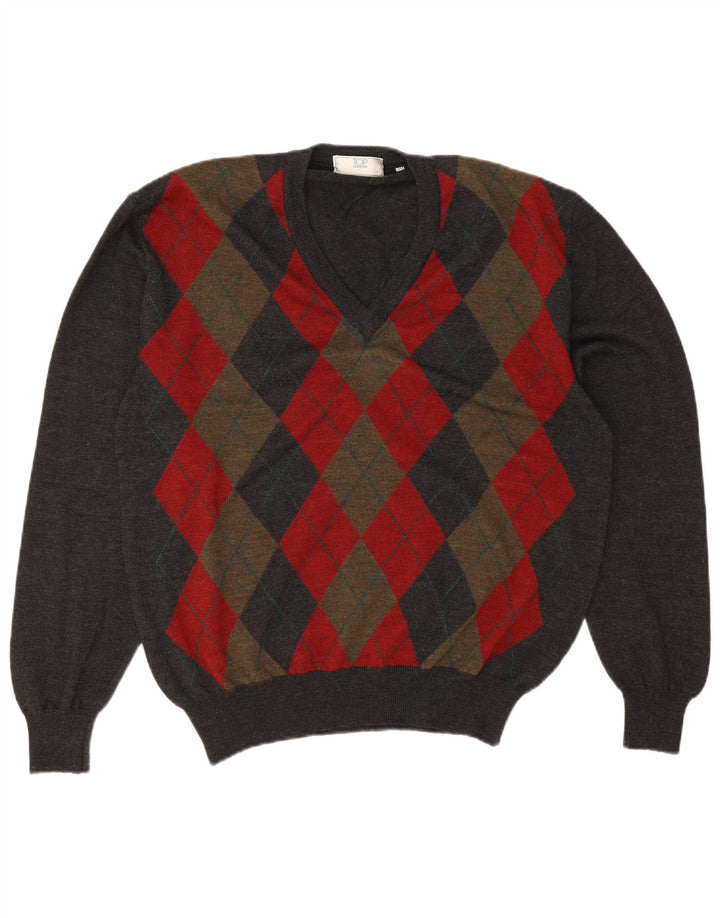 Maglione vintage da uomo con scollo a V IT 50 Grigio medio Argyle/Diamante