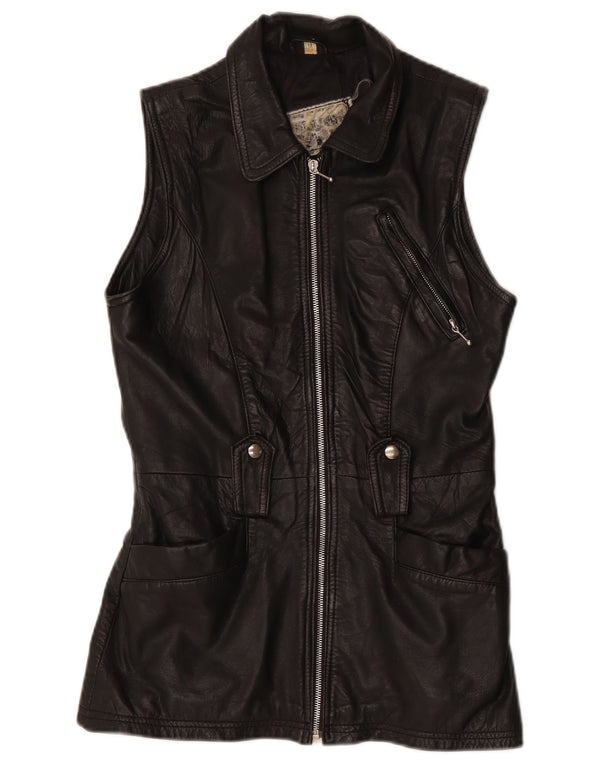 Gilet in pelle da donna vintage UK 12 medio nero