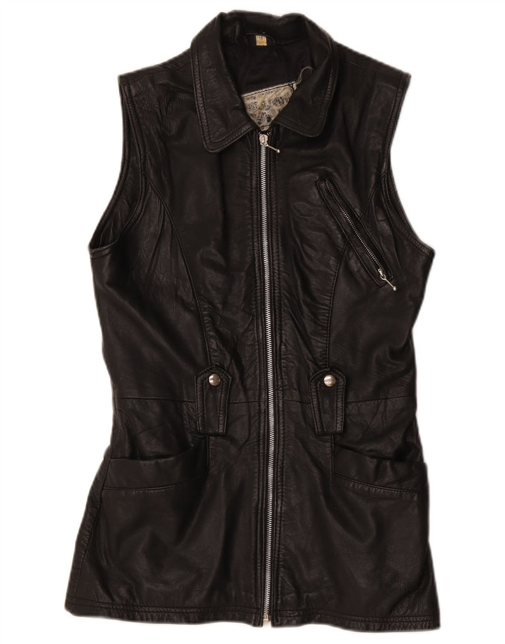 Gilet in pelle da donna vintage UK 12 medio nero
