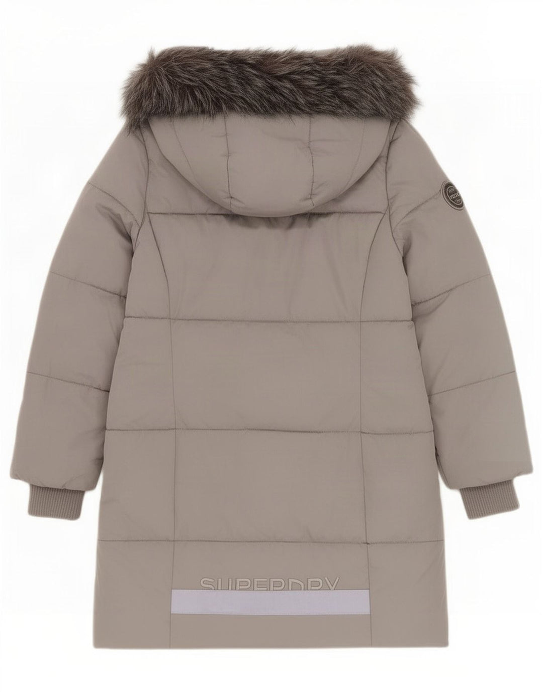 Cappotto imbottito con cappuccio grafico da donna Superdry UK 12 Poliestere grigio medio