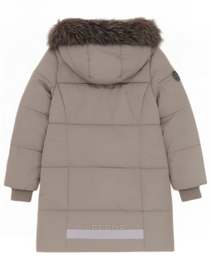 Cappotto imbottito con cappuccio grafico da donna Superdry UK 12 Poliestere grigio medio