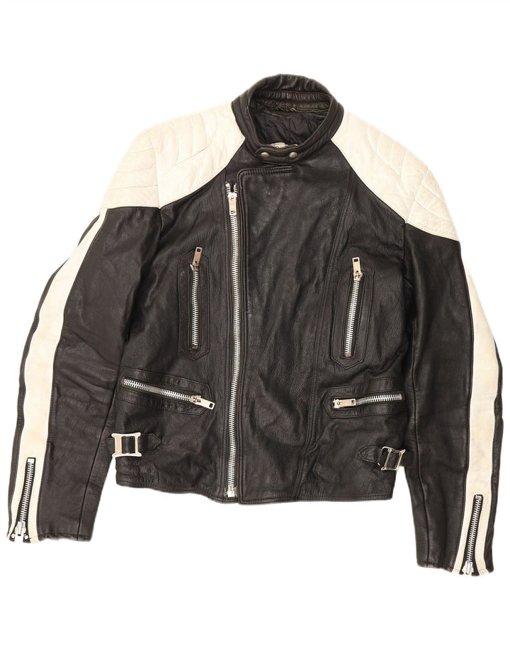 Giacca da pilota in pelle vintage da uomo UK 38 color block medio nero