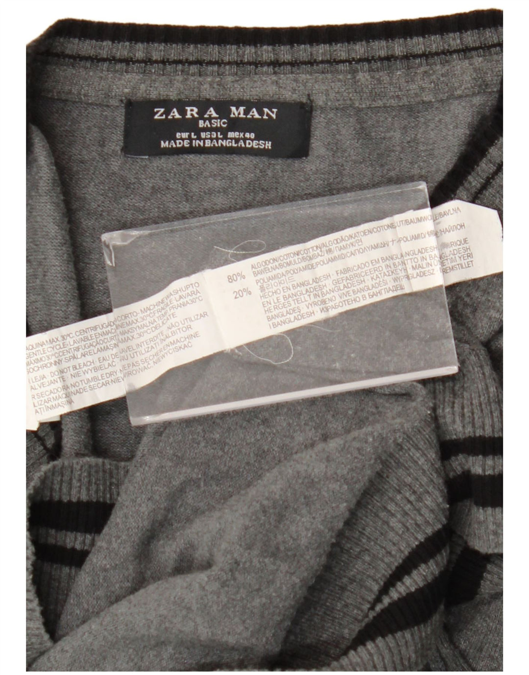 Maglione Zara da uomo con scollo a V, cotone a righe grandi grigie