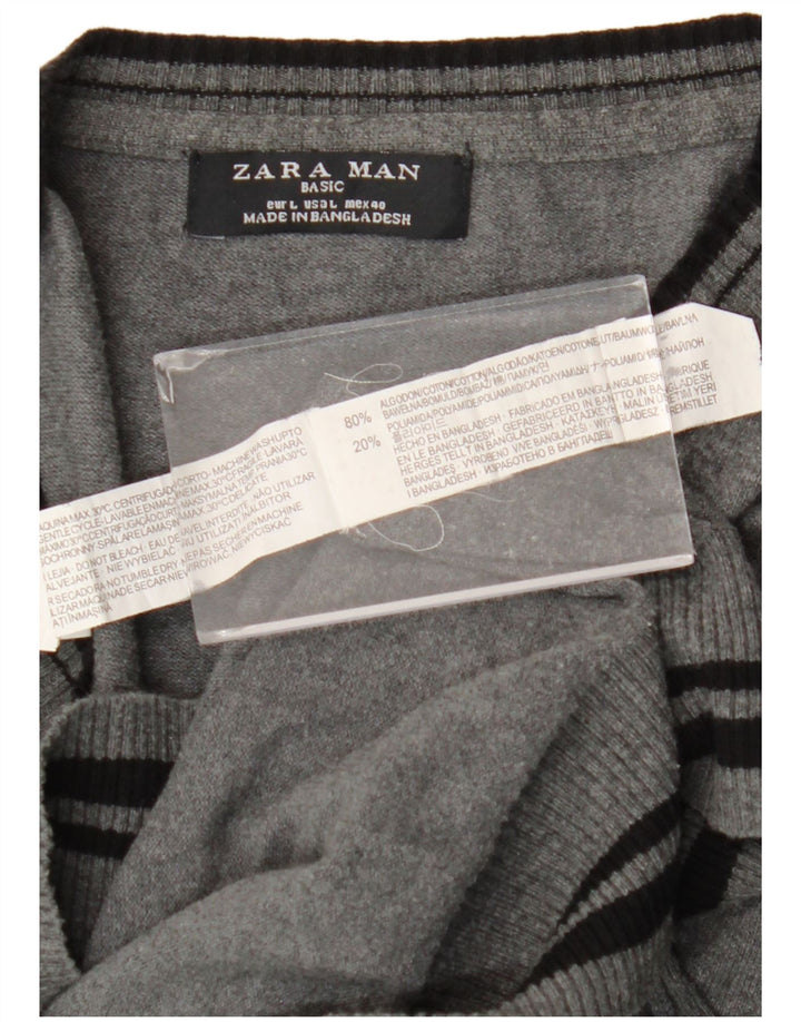 Maglione Zara da uomo con scollo a V, cotone a righe grandi grigie