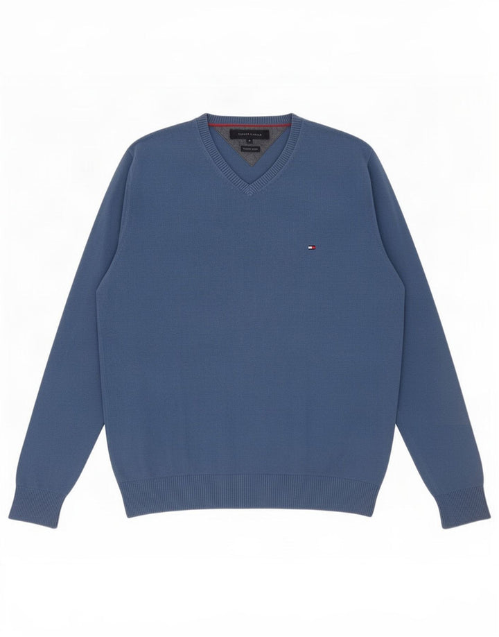 Maglione maglione con scollo a V da uomo Tommy Hilfiger in cotone blu medio