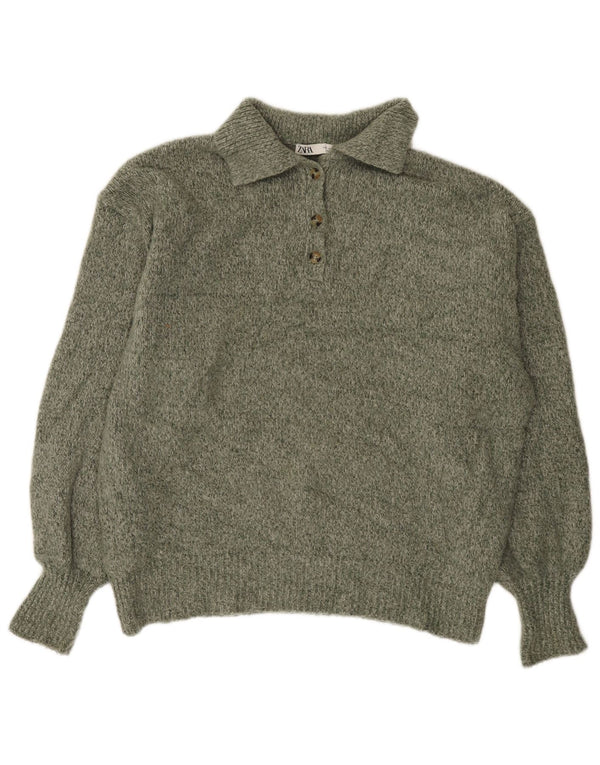 Maglione maglione oversize con collo a polo da donna Zara UK 10 piccolo kaki chiazzato