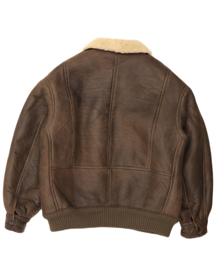 Giubbotto bomber in shearling da uomo vintage UK 36 piccolo marrone