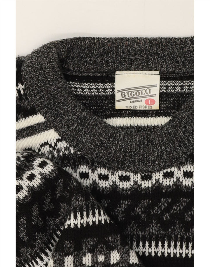 Maglione vintage da uomo con scollo a barca, grande grigio Fair Isle