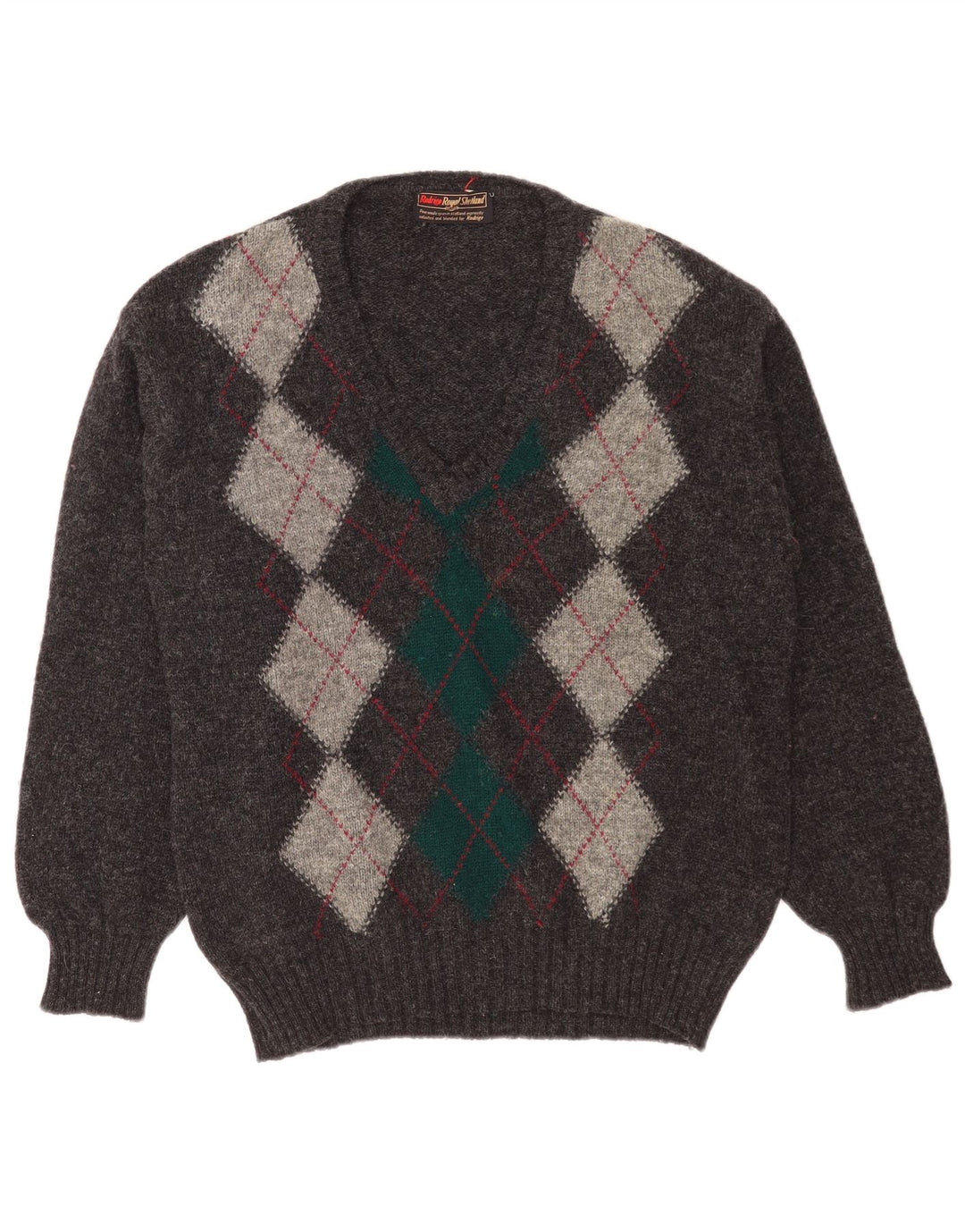 Maglione da uomo con scollo a V Rodrigo, grande lana grigia a rombi/diamante