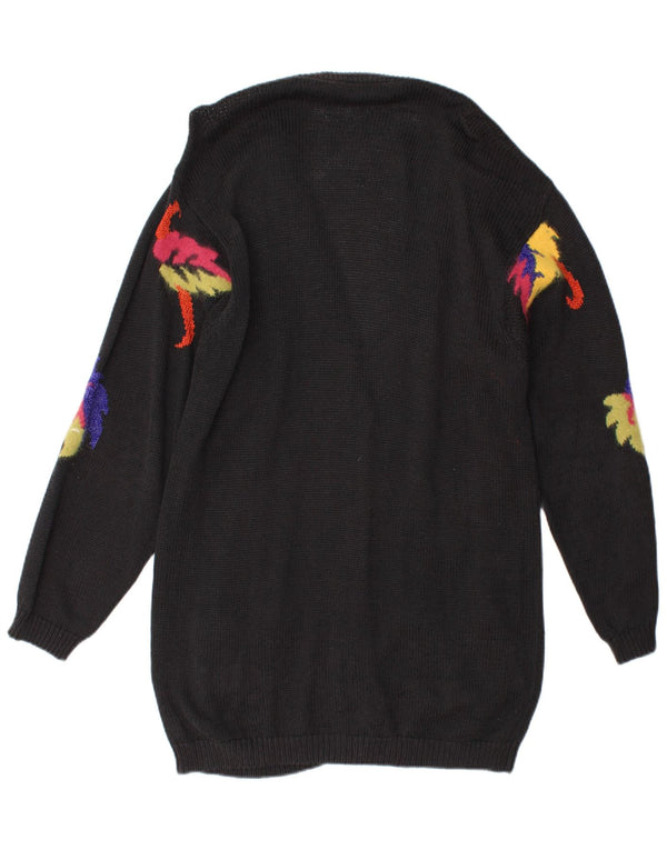 Maglione cardigan lungo da donna vintage UK 14 Novità floreale nera media