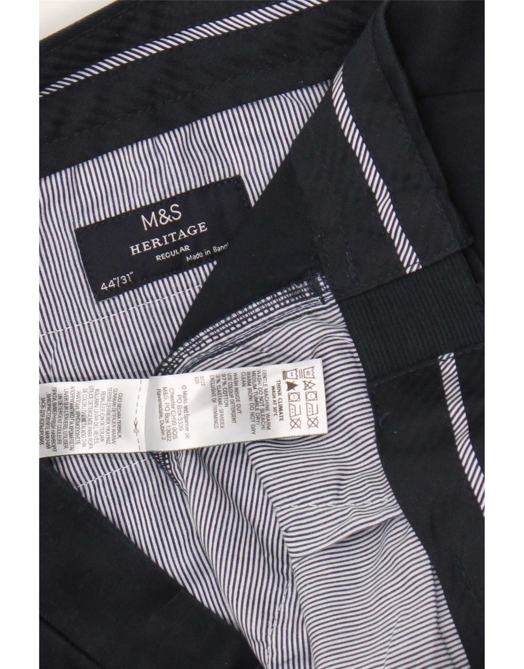 Pantaloni chino regolari Marks & Spencer da uomo Heritage W44 L31 Blu Navy