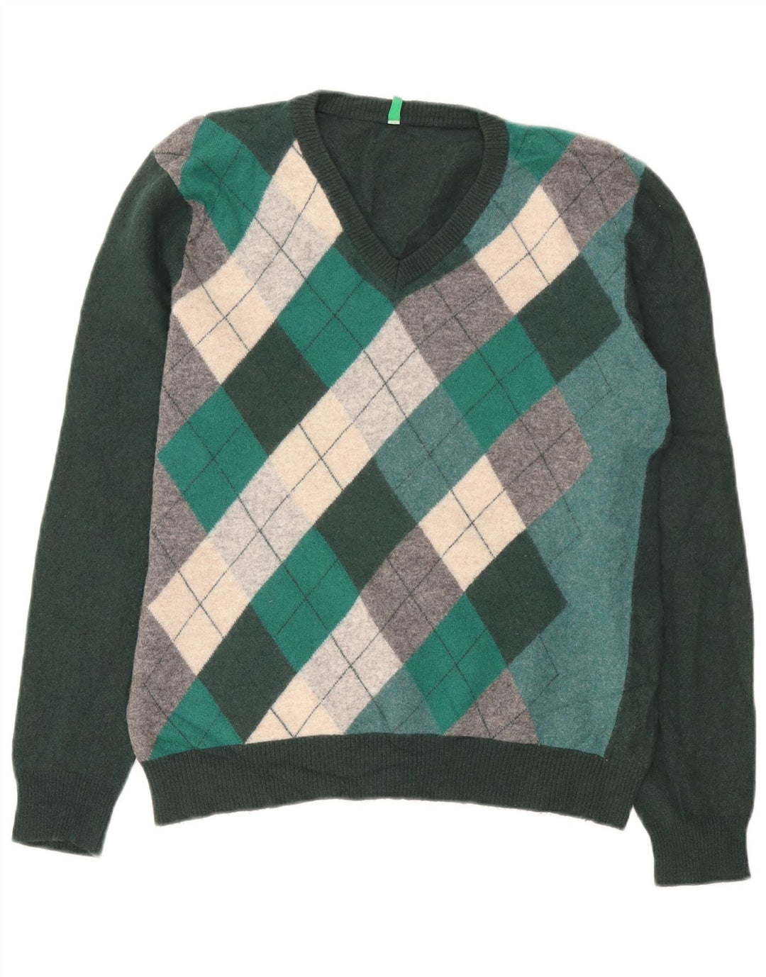 Maglione da donna con scollo a V Benetton UK 14 Verde medio Argyle/Diamante