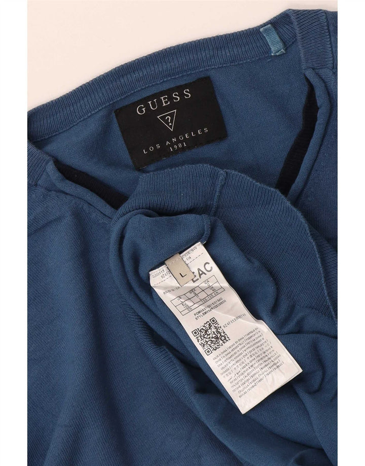 Guess Maglione da uomo con scollo a V grande in cotone blu