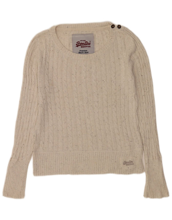 Maglione maglione da donna con scollo a barca Superdry UK 16 grande bianco sporco chiazzato