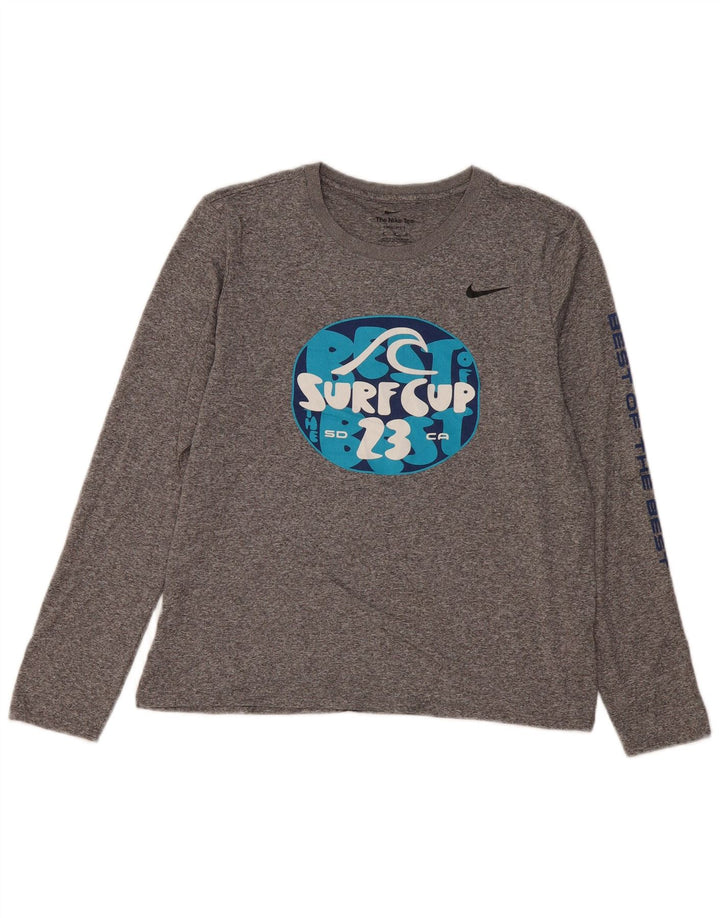 NIKE Top grafico da donna Dri Fit manica lunga UK 14 Grigio medio chiazzato