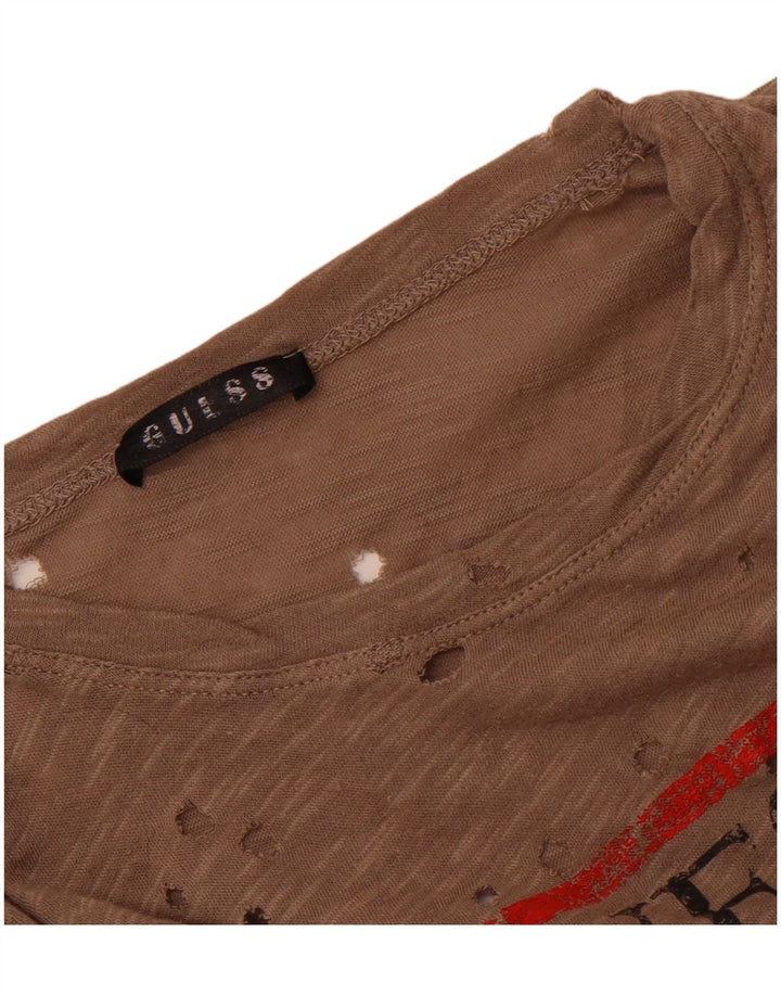 Guess T-shirt grafica traforata da donna Top UK 14 Marrone medio