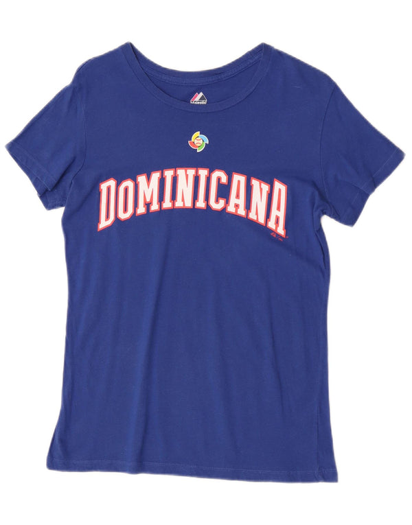 Majestic T-shirt grafica da donna Dominicana Top UK 14 Large in cotone blu