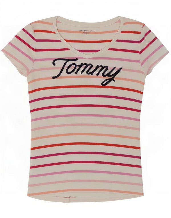 T-shirt grafica da donna Tommy Hilfiger Top UK 14 cotone a righe bianche medie