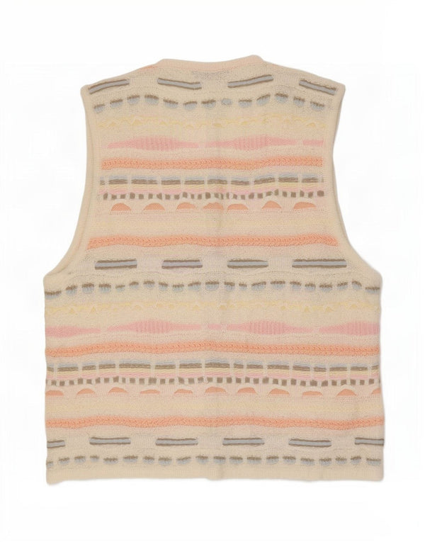 Gilet lavorato a maglia da donna vintage UK 14 Acrilico geometrico bianco medio