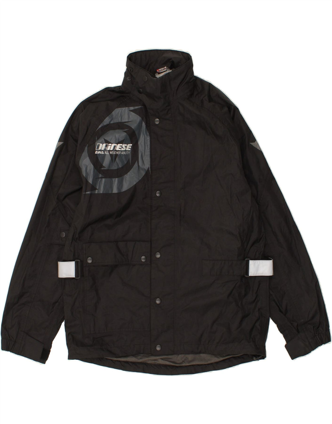 DAINESE Mens Graphic Rain Jacket UK 36 Small Black Nylon Vintage Dainese and Second-Hand Dainese from Messina Hembry 