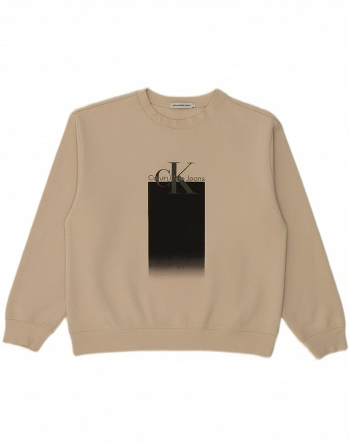 CALVIN KLEIN JEANS Womens Graphic Sweatshirt Jumper US 12 Large Beige