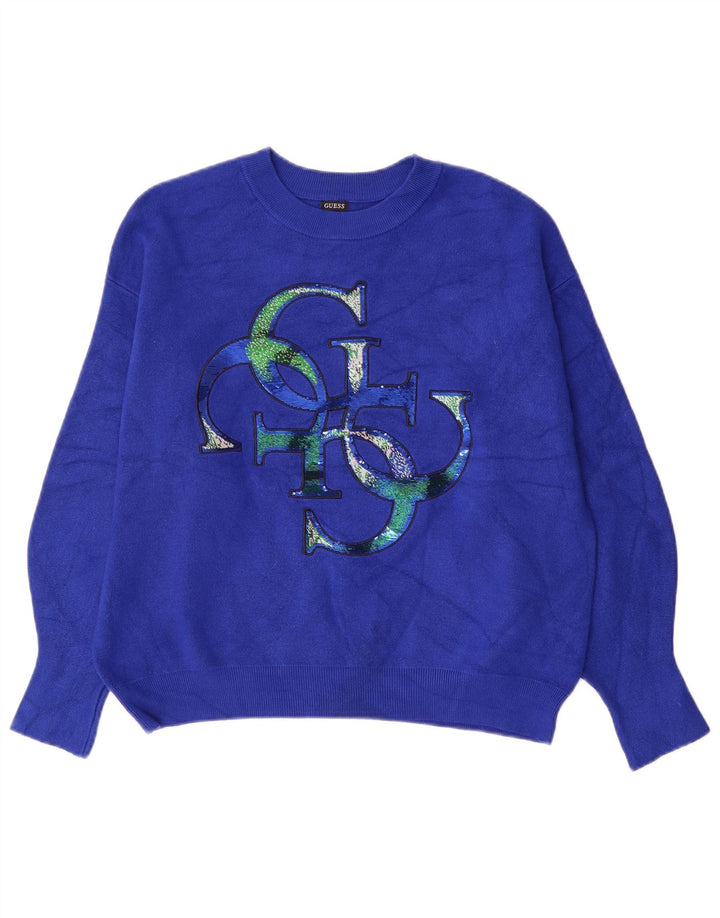Maglione maglione girocollo con grafica da donna Guess UK 14 Blu medio