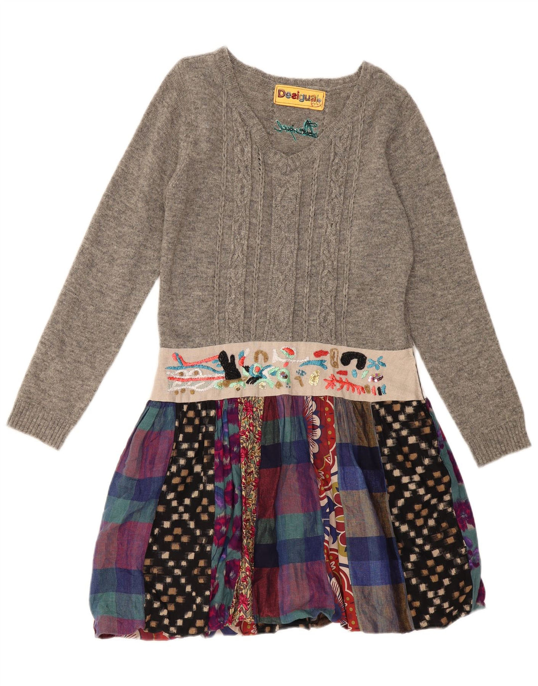 DESIGUAL Abito maglione da donna a maniche lunghe EU 44 XL Lino patchwork grigio