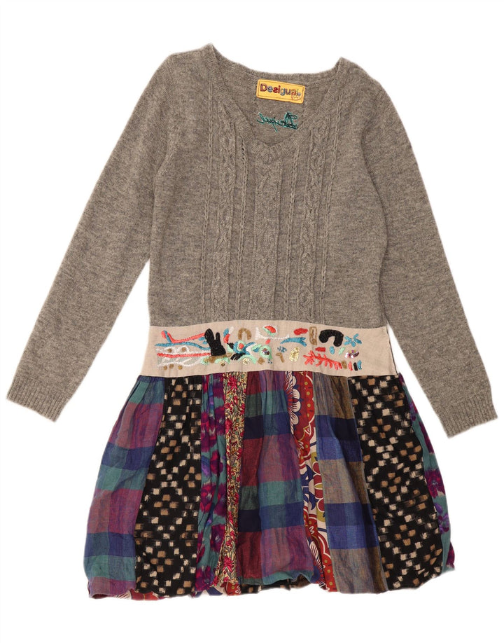 DESIGUAL Abito maglione da donna a maniche lunghe EU 44 XL Lino patchwork grigio