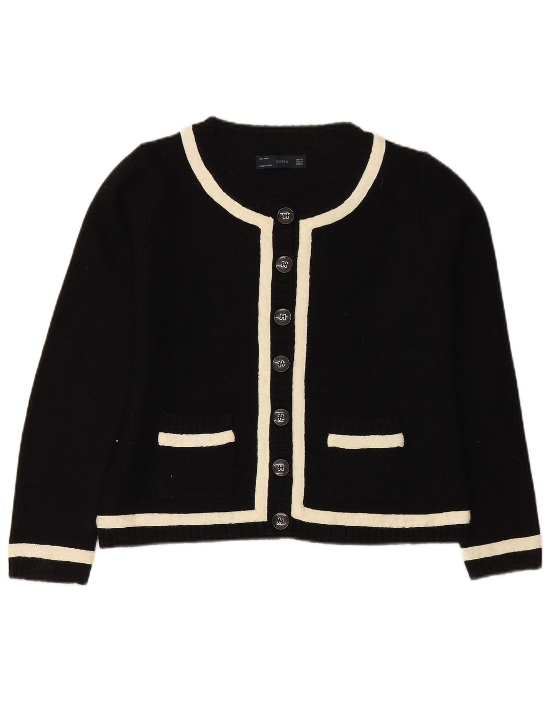 ZARA Maglione Cardigan Corto da Donna UK 12 Lana Colorblock Nero Medio