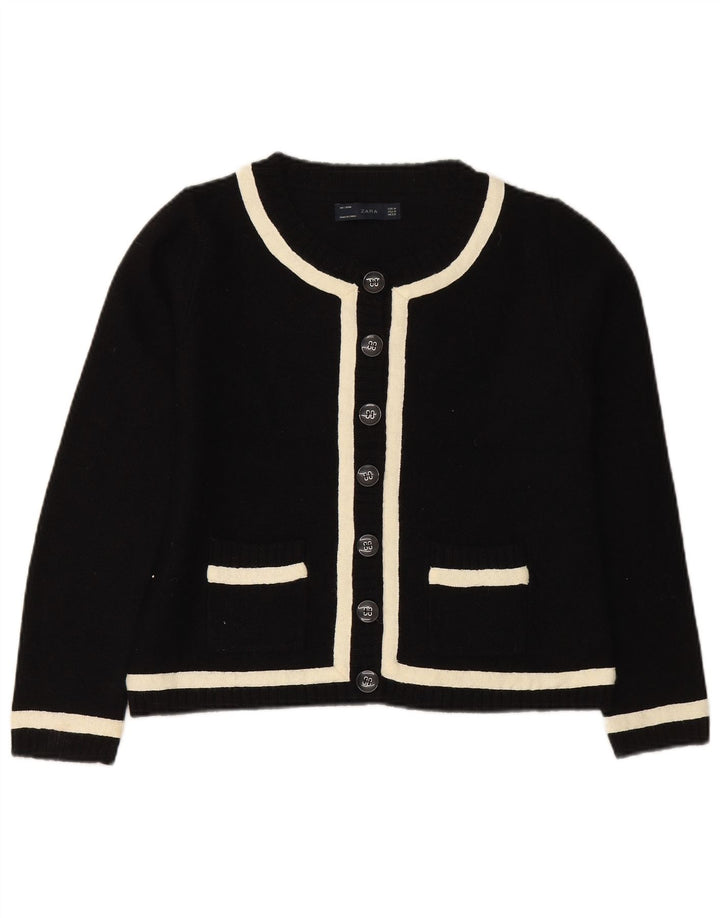ZARA Maglione Cardigan Corto da Donna UK 12 Lana Colorblock Nero Medio
