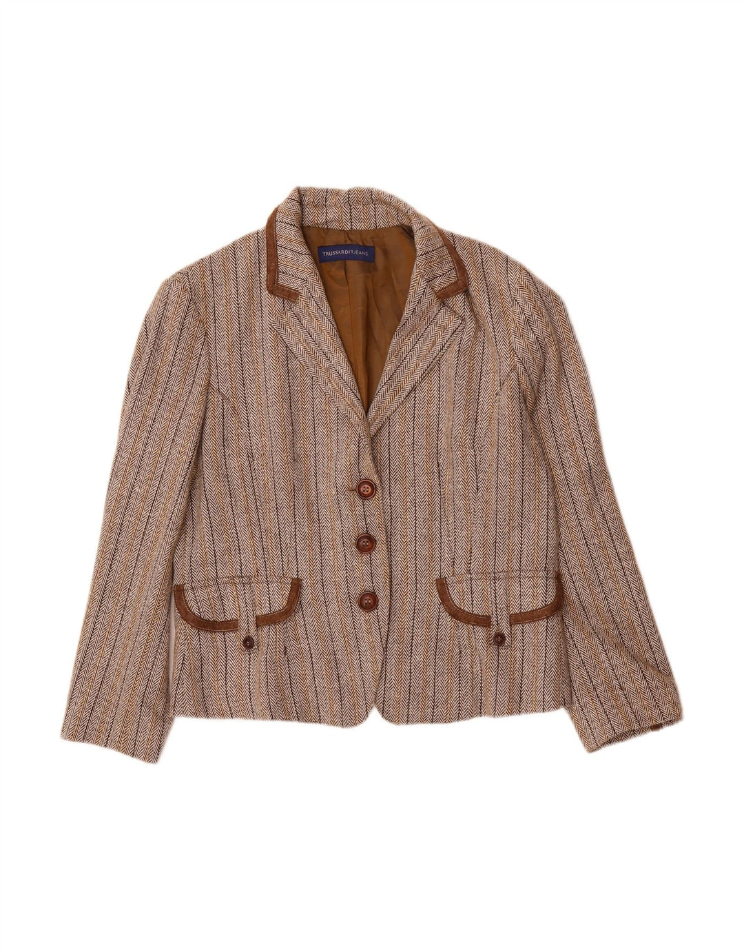 TRUSSARDI JEANS Womens 3 Button Blazer Jacket IT 48 XL Brown Herringbone