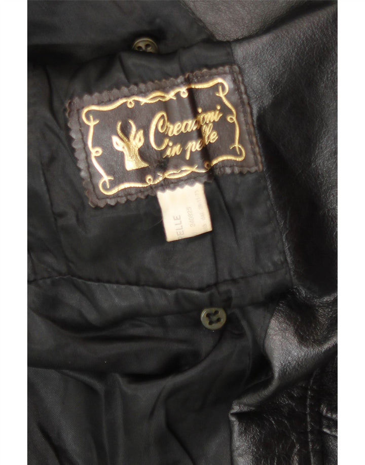 Cappotto in pelle doppio petto vintage da donna UK 14 grande pelle nera