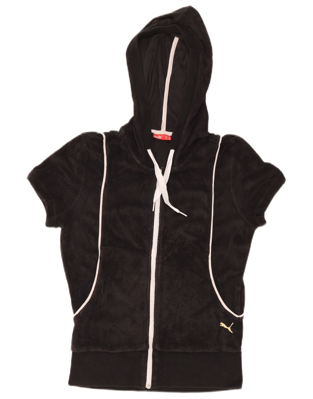 PUMA Felpa con cappuccio e zip in velluto a maniche corte da donna UK 12 Medium Nero