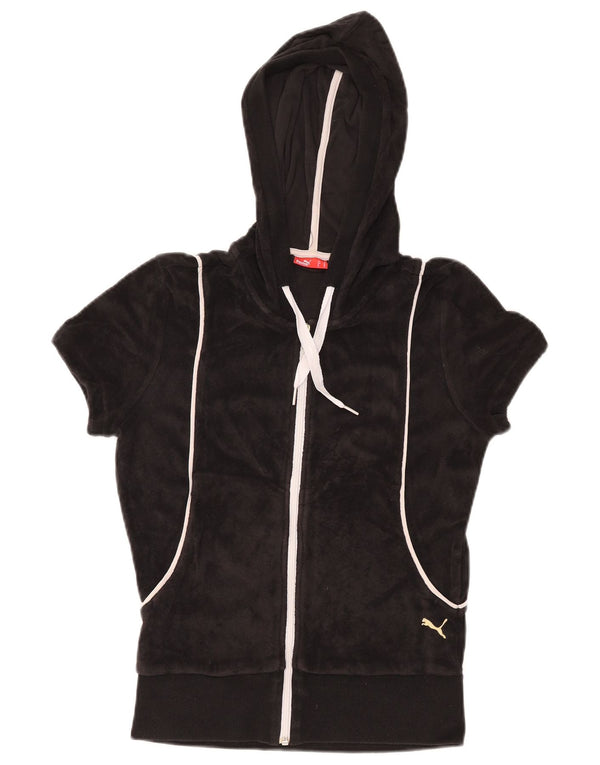 PUMA Felpa con cappuccio e zip in velluto a maniche corte da donna UK 12 Medium Nero