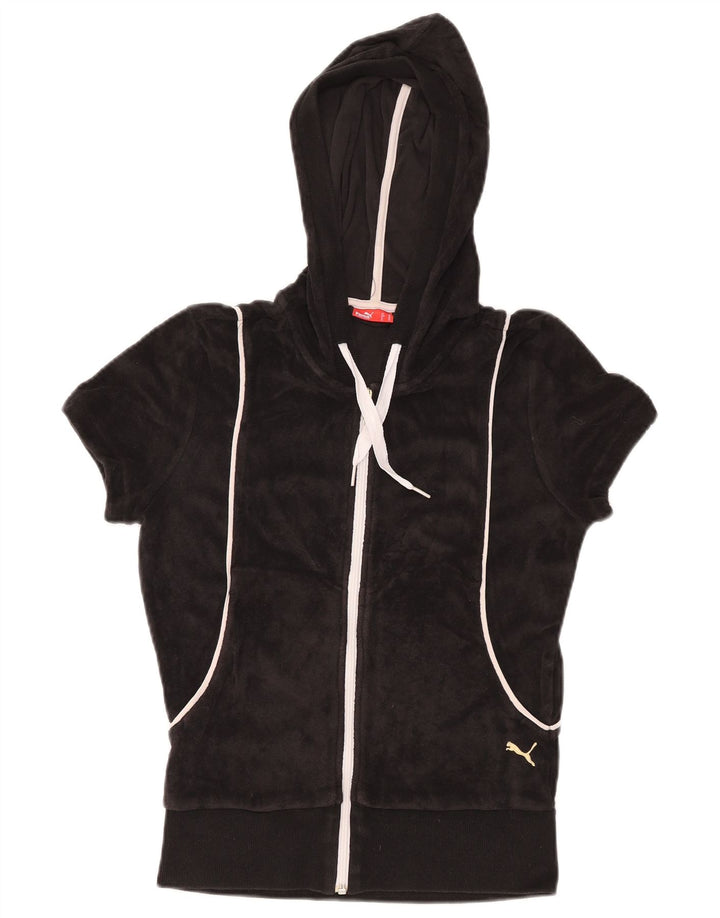 PUMA Felpa con cappuccio e zip in velluto a maniche corte da donna UK 12 Medium Nero