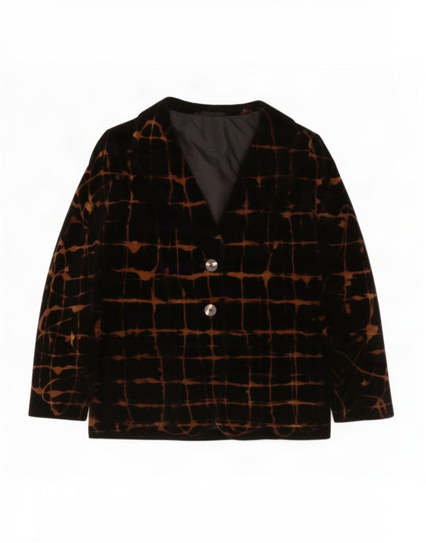 Giacca blazer in velluto da donna vintage a 2 bottoni UK 14 medio nero a quadri