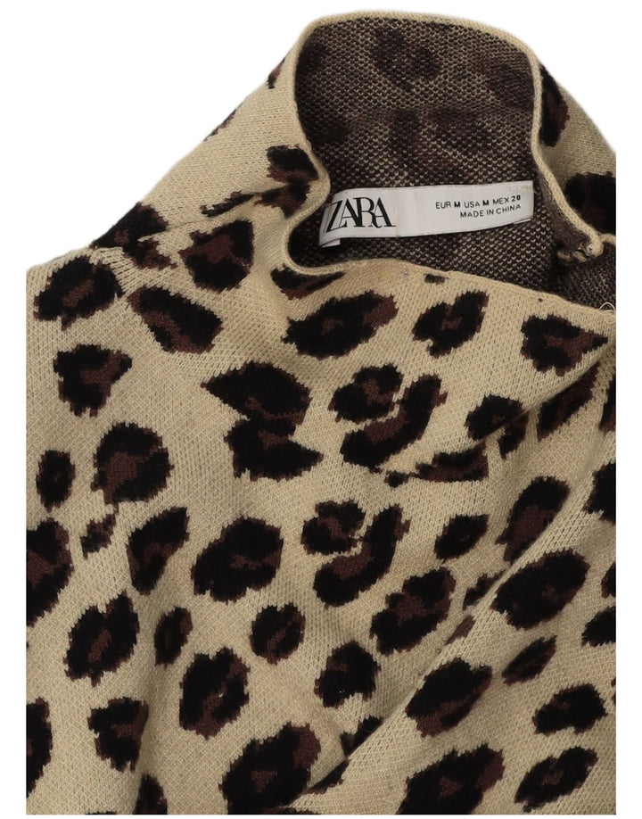 Top Zara a maniche lunghe da donna, corto, camicetta UK 12, beige medio, stampa animalier