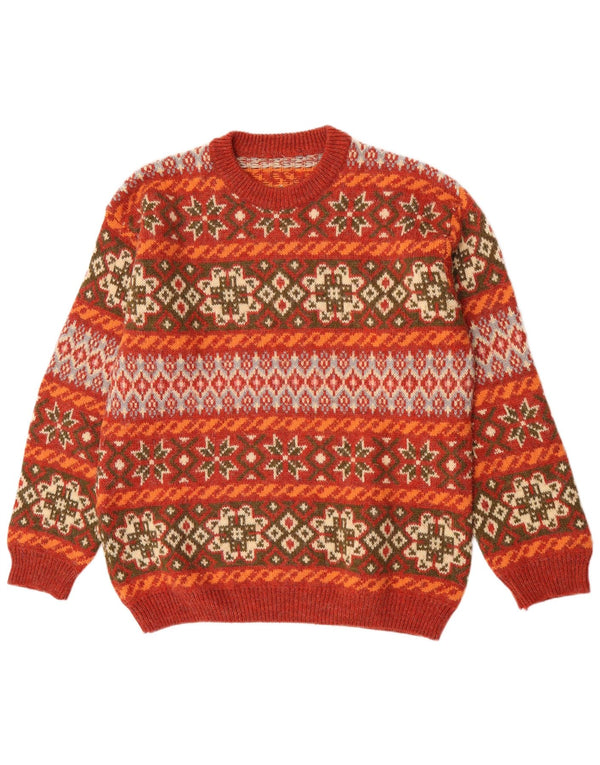 Maglione girocollo da uomo vintage in lana di alpaca XL arancione Fair Isle