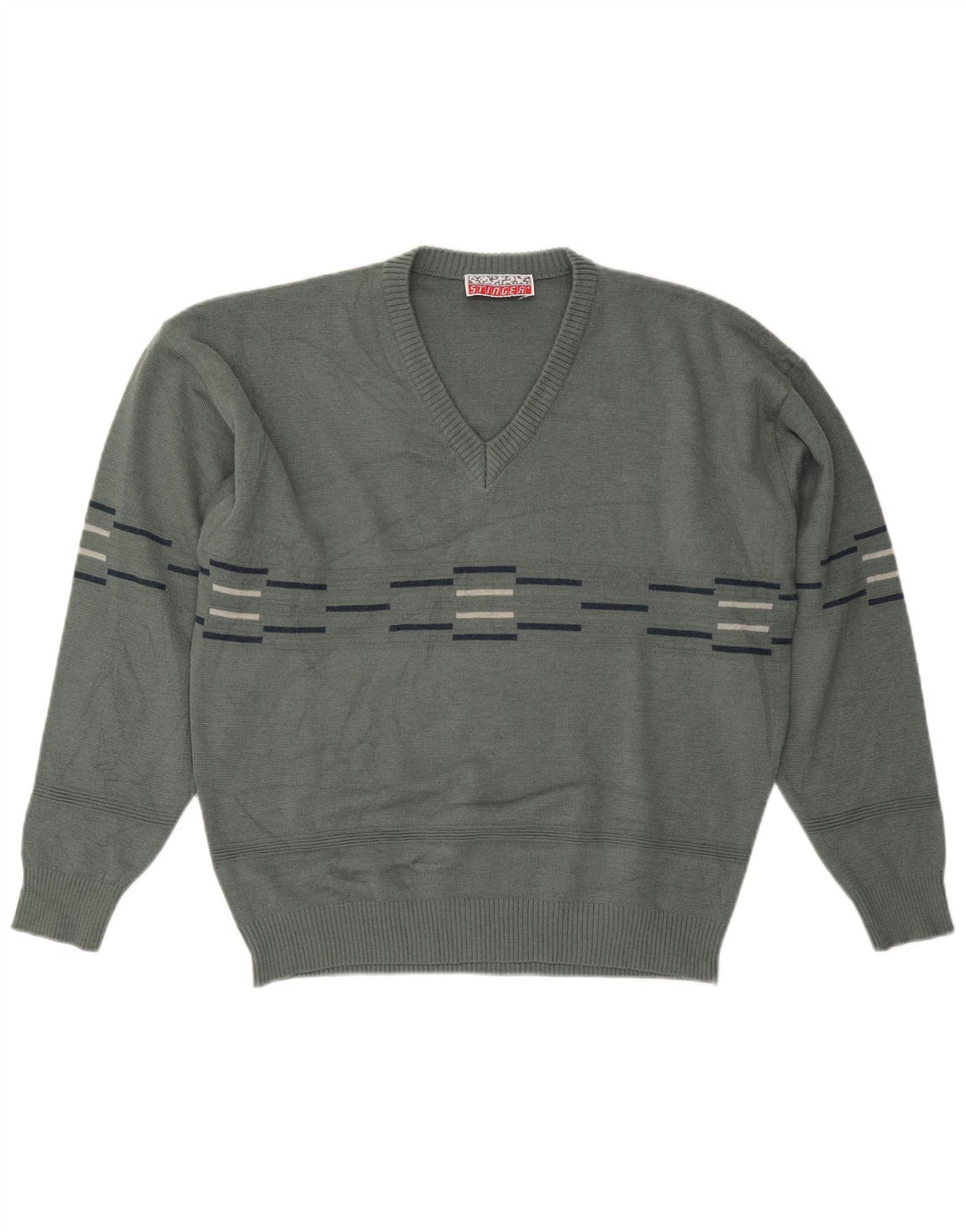 VINTAGE Maglione da uomo con scollo a V a righe grandi grigie