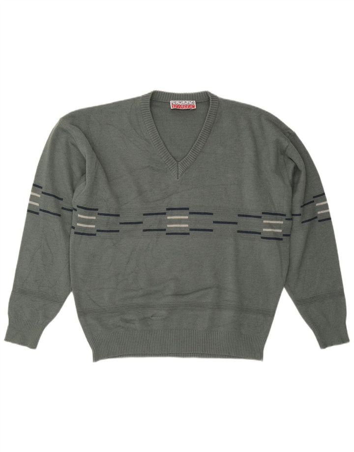 VINTAGE Maglione da uomo con scollo a V a righe grandi grigie