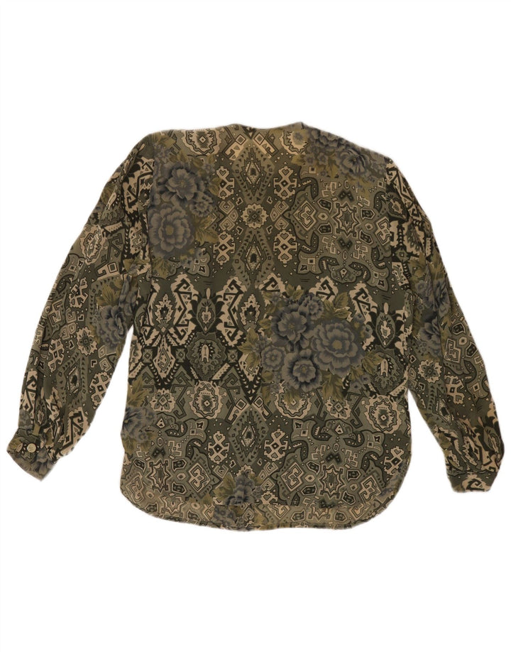 Camicetta camicia vintage da donna UK 16 grande kaki geometrica