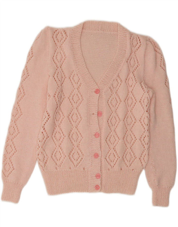 Maglione cardigan da donna VINTAGE UK 10 piccolo rosa a rombi/diamante