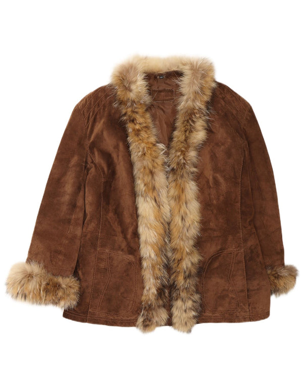 Giacca in pelle scamosciata aperta da donna VINTAGE IT 46 Large in pelle marrone