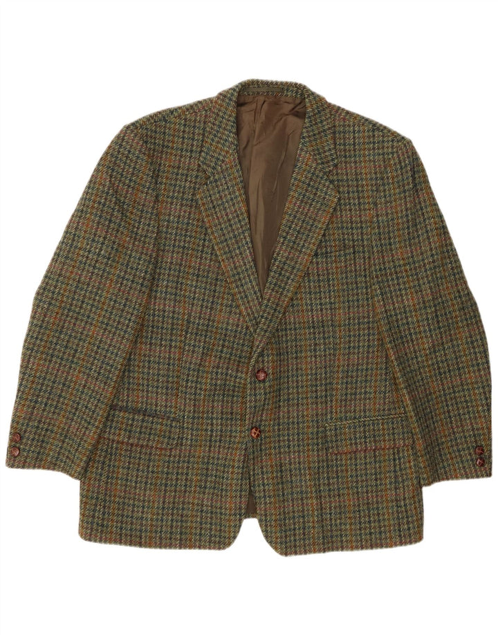 HARRIS TWEED Giacca blazer da uomo a 2 bottoni UK 40 grande pied de poule kaki