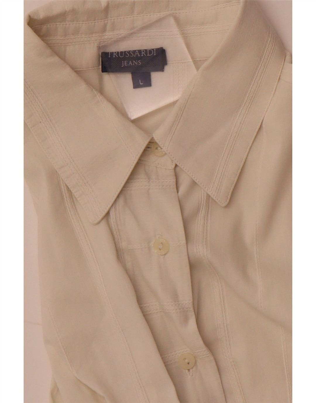 TRUSSARDI JEANS Camicia Camicetta da Donna UK 14 Grande a Righe Bianco Sporco