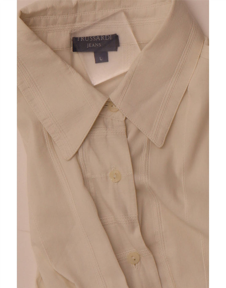 TRUSSARDI JEANS Camicia Camicetta da Donna UK 14 Grande a Righe Bianco Sporco