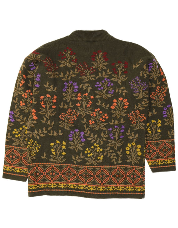 Maglione maglione collo alto da donna vintage UK 10 piccolo floreale verde